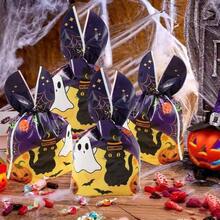 50pcs Halloween Gift Bags, Halloween Packaging Bags, Halloween Candy Bags, Halloween Decorations, Halloween Queue Supplies, 8.66*5.12inch, Cute Black Cat & Rabbit Ear Creative Design, Colorful Halloween Decorations, Suitable For Candy And Gift Packaging, Holiday Decorations