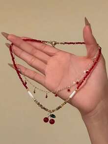 1 件波西米亚风格优雅女士项链，红色心形吊坠项链，女士配饰，采用闪亮设计的椭圆形人造珍珠吊坠，适合女性所有季节的日常穿着、派对、休闲装，也可作为礼物，女士项链，女士配饰，女士不锈钢项链，配饰，项链，海滩风格 - 珍珠 - 查看 6