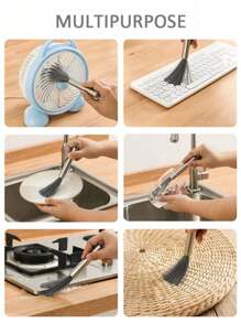 3 件套多用途长柄清洁刷，不锈钢材质，无需电源，适用于客厅、卧室、浴室、厨房、家具 - 中等强度带柄刷