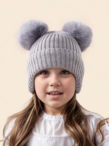 1 chiếc mũ len beanie trẻ em mùa đông, màu trơn, đan len, 2 quả bông, mũ len cho bé unisex, mũ trùm đầu dày ấm mặc hàng ngày - 1PC - Xem 7