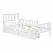 Twin Size Wood Kids Platform Bed With Guardrails On Both Sides And Two Storage Drawers ,White - 白色 - 查看 7