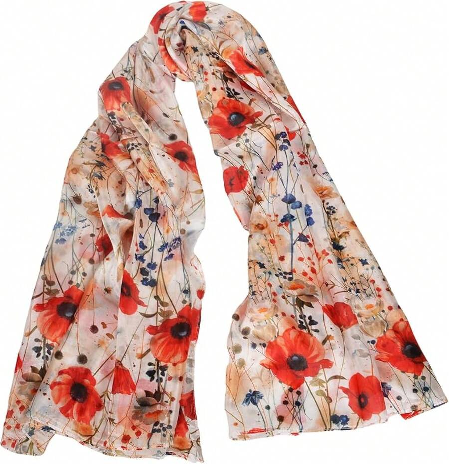 100% Mulberry Silk Scarf For Women Lightweight Long Scarves Beach Wraps Cover Up -Travel Photography Scarfhalloween - 紅色花卉 - 查看 1