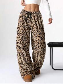 Pantalones anchos de pierna larga con estampado de leopardo, lazo en la cintura y esponjoso, para mujer. Pantalones de otoño/invierno para mujer
