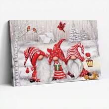 1pc, Framed Wall Art, Christmas Gnomes In Snowy Landscape, Three Festive Gnomes Wearing Red Hats And Scarves, Holding A Lantern And Surrounded By Snow-Covered Trees And Birds, Canvas Wall Art For Living Room, Bedroom, Bathroom, Study Room, Dining Room, Office, Wooden Wall Art Decor, Ideal Gift - 彩色 - 查看 2
