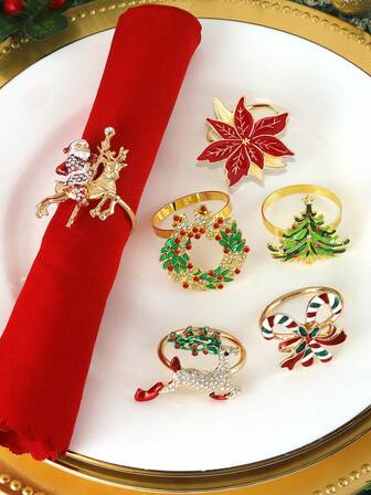 2-6pcs Christmas Napkin Rings Set, Deer, Christmas Tree, Santa Claus, Christmas Wreath, Christmas Flower, Christmas Candy Cane, Christmas Table Decor Napkin Holders, Christmas Party Napkin Holders