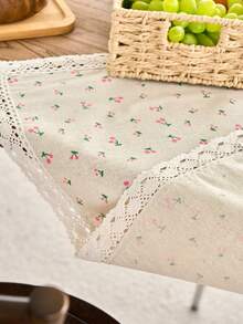 1pc Cartoon Cherry Print Tablecloth, Vintage American Country Style Lace Edge, Multipurpose Cover For Dining Table, Kitchen, Coffee Table, Microwave, Cabinet, Daily Use, Holiday Party, Photography Background, All Season - Multicolor - View 7