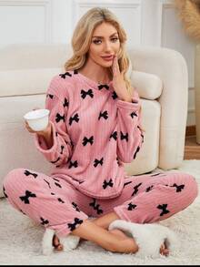 2pcs Women Fairy Style Sleepwear Set, Thermal Lined Long Sleeve Top And Pants, Elegant Bow Decor Homewear Outfit Suitable For Outerwear, Fall Winter Clothes, Fluffy Pajama, Cozy