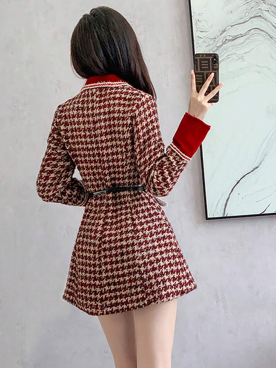 RUIWY 女士时尚优雅千鸟格蝴蝶结装饰红色连衣裙，收腰修身，适合节日、婚礼