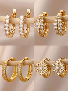 1Pair Luxury Zirconia Hoop Earrings For Women Gold Color Stainless Steel Geometric Earring Party Wedding Aesthetic Jewelry Gift