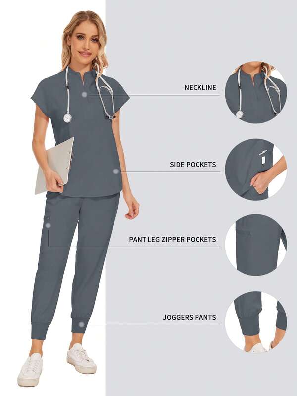 Conjunto de uniformes médicos de moda al por mayor, conjunto de bata quirúrgica de unicolor con bolsillo y cuello en V, pantalones jogger para mujeres