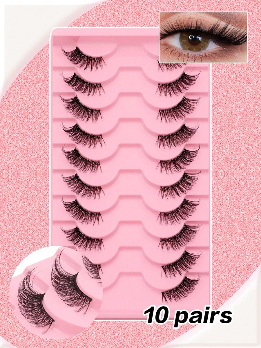 10 Pairs Separate Half-Eye False Eyelashes, 3D Faux Mink Natural & Thick Eyelashes Extending Outward, Suitable For Girls Parties And Galas - Black - View 1