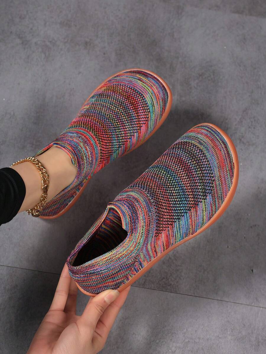 Women's Minimalist Barefoot Sneakers - Wide Version Colorful Breathable Knit Fabric Slip-On Round Toe Casual Shoes, Shock-Absorbing Rubber Sole, Comfortable Casual Shoes For All Seasons, Fashionable Slip-On Design, Flexible Wear