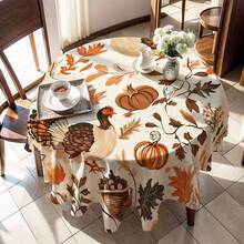 1pc Thanksgiving Turkey & Autumn Leaves Pattern Tablecloth, Seasonal Kitchen/Dining Table Decor, Round/Rectangular Sizes Available, Polyester Material, Indoor/Outdoor Party Decoration, Thanksgiving Holiday Decor, Home & Event