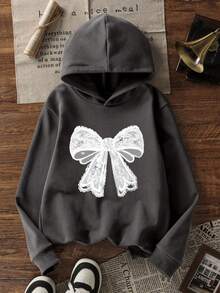 1pc Tween Girl Thermal Lined Warm Butterfly Print Sweatshirt, Young Student Clothing, Suitable For Kids Autumn/Winter Long Sleeve Top - Dark Grey - View 2