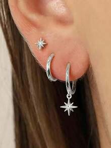 3/6 件时尚银色简约方晶锆石可堆叠可拆卸女士耳环，礼物 - 星星銀色 - 查看 10