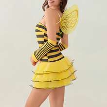 Women Halloween Costumes Outfit Sleeveless Ladybug Bee Adult Cosplay Costume Dress Up With Headband Wings - 黃色 - 查看 4