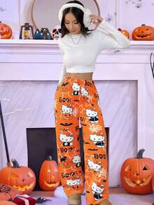 SANRIO 1pc  Plush Warm Fleece Fluffy Pants For Women, Cute & Comfortable For Autumn/Winter, Fall, Cozy - Orange - View 3