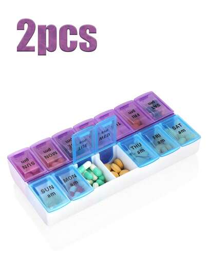 2pcs/Set Reusable Pill Organizer Box, Portable Sealed 7 Day Weekly Pill Holder, 14 Compartments Vitamin Tablet Container, Easy Storage And Carry, Suitable For Vitamins And Tablets, Travel Essential For Outdoor, Office, Beach, Vacation, School (2/1pc Available)