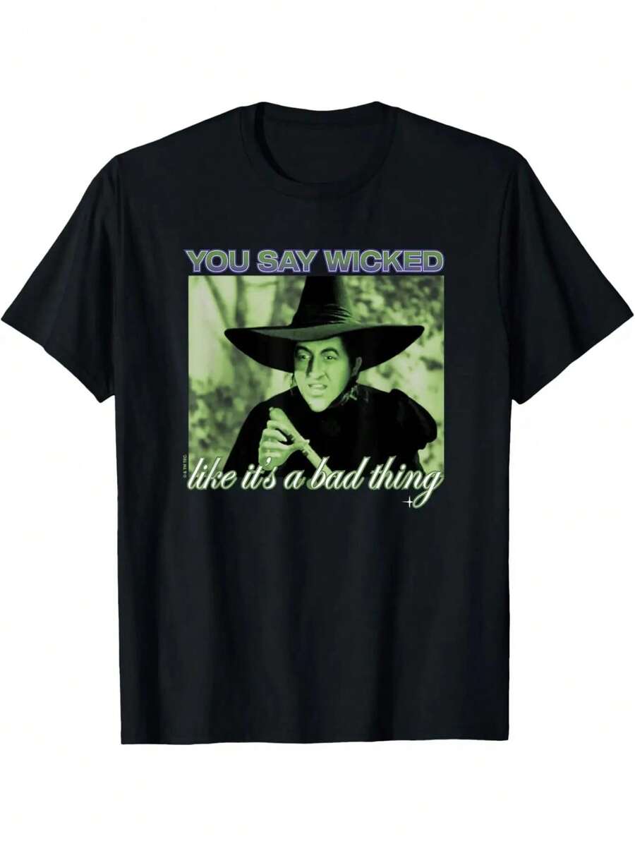 Camiseta gráfica de Bruja Malvada, camiseta de cuello redondo 100%, top de tela de ajuste casual y suelto, impresión inspirada en El Mago de Oz - Negro - Ver 1
