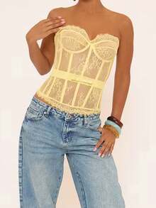 Women Lace Bustier Corset Tops Flower See Through Off Shoulder Sleeveless Body Shaper - 黃色 - 查看 2