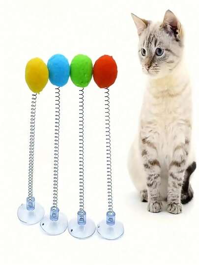 1/5pcs Random Color Strong Suction Cup Cat Toys, Plush Ball + Spring Lollipop, Suitable For Lively Play, Satisfy Cats' Natural Instincts, Multiple Styles, Cat Toys, Dog Toys, Free Games To Feed Your Puppy