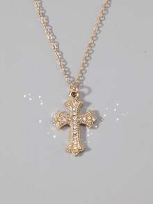 Vintage Gothic Style Rhinestone Cross Necklace, Minimalist Chic Cubic Zirconia Cross Design Unisex Choker Necklace - Yellow Gold - View 1