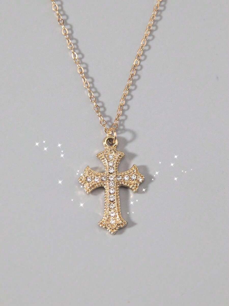Vintage Gothic Style Rhinestone Cross Necklace, Minimalist Chic Cubic Zirconia Cross Design Unisex Choker Necklace - Yellow Gold - View 1