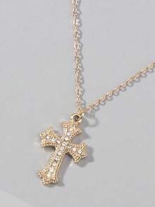 Vintage Gothic Style Rhinestone Cross Necklace, Minimalist Chic Cubic Zirconia Cross Design Unisex Choker Necklace - Yellow Gold - View 4