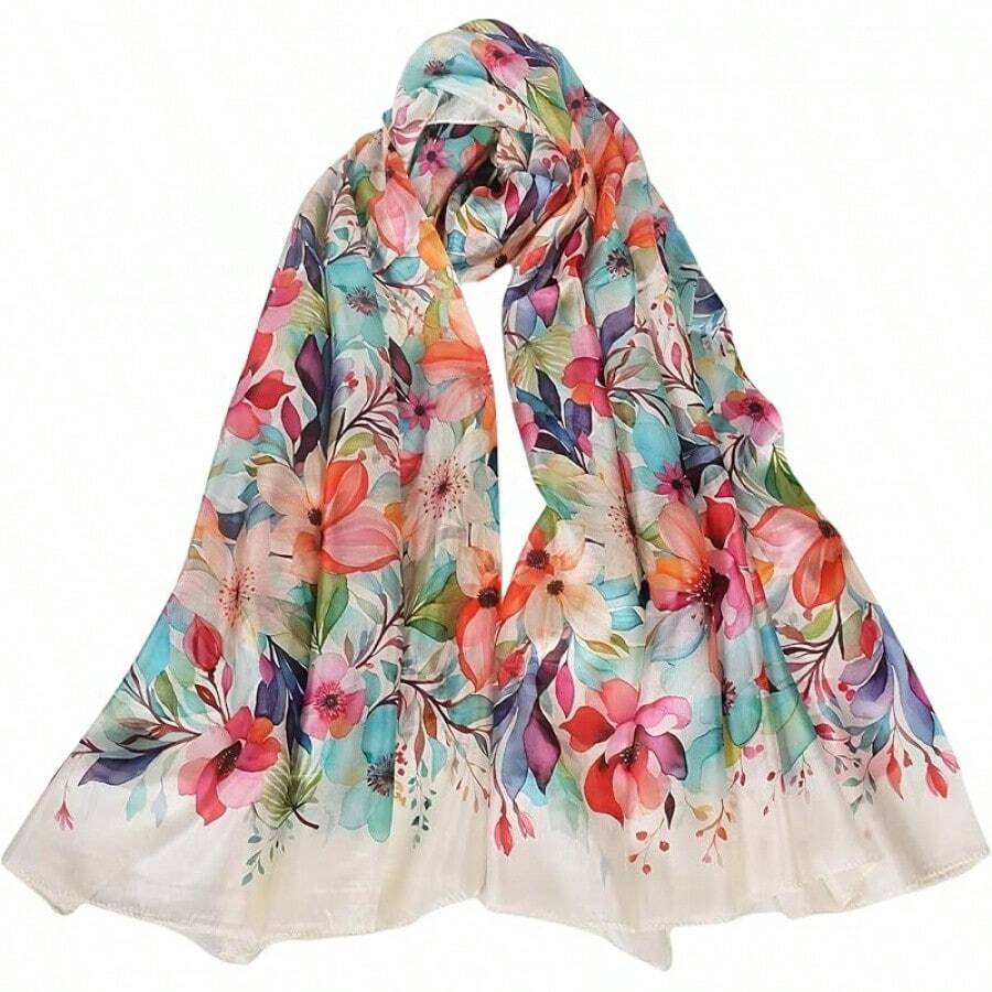 100% Mulberry Silk Scarf For Women Lightweight Long Scarves Beach Wraps Cover Up -Travel Photography Scarfhalloween - 橘色 粉紅色 藍色 花 - 查看 1