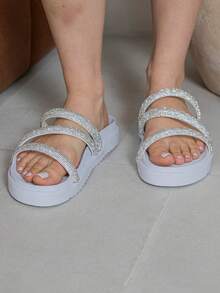 Women's Flat Sandal  Rhinestone Straps Shiny Two In One Comfortable Adjuster - Bright White - View 2
