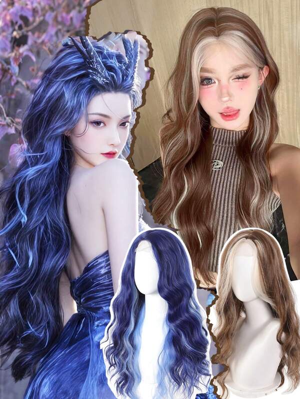 Perucas sintéticas de renda frontal azul escuro para mulheres, parte média, longa, natural, ondulada, para cosplay, festa de Halloween, resistente ao calor