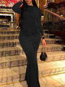 Đầm dài tay cổ tròn xếp ly nhẹ nhàng, thời trang, cỡ lớn, phù hợp cho mùa xuân và mùa hè, màu đen thanh lịch. - màu đen - Xem 3