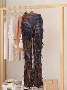 Women Tie Dye Tassel High Wasit Bell Bottom Pants Distressed Leggings Pants Casual  Bootcut Trousers For Streetwear - 鏽棕色 - 查看 5