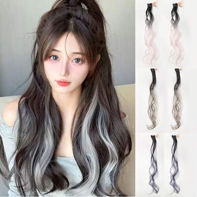 شعر مستعار مصبوغ قابل للتعليق على الأذن، قطعة واحدة رفيعة وخالية من الغرز، إضافة شعر غير مرئية، لون تسليط الضوء على الشعر الطويل المجعد المصبوغ