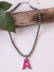 1pc Western Country Style Vintage Textured CCB Multicolor Leopard Print Black & White Plaid 26 Letter Minimalist Pendant Necklace, Sweater Chain