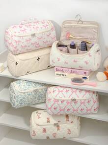 1 件大容量绗缝化妆品和吹风机收纳袋便携式旅行洗漱用品收纳旅行收纳盒旅行洗漱用品包带多个口袋适合风干机、4 个卷发筒、2 个平滑刷、丰盈刷、轻便旅行手提箱用于头发时尚简约旅行化妆收纳袋 - 彩色 - 查看 3