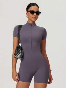 MASKERT 女士瑜伽连体裤 运动短袖连体裤 亲肤高弹连体裤 夏季 - 淺灰紫 - 查看 5