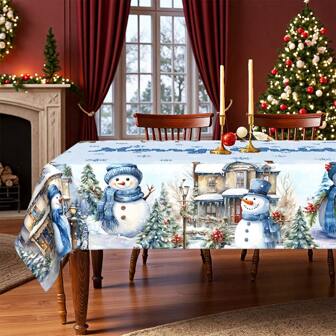 1 pieza Mantel de poliéster con tema navideño, mantel navideño minimalista azul con patrón de cabaña de muñeco de nieve, mantel redondo de 145 cm, mantel rectangular de 140x180 cm, decoración de mesa para fiestas y reuniones familiares navideñas.
