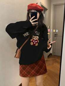 Damen Loose Fit Bären Muster Pullover Sweater mit gemütlicher Weihnachtsstimmung, Langarm gestrickter Rundhals Oberteil für Herbst Winter, für den täglichen Gebrauch, Schule, Outdoor Outfit, Langarm Oberteil, Süß, Schulkleidung