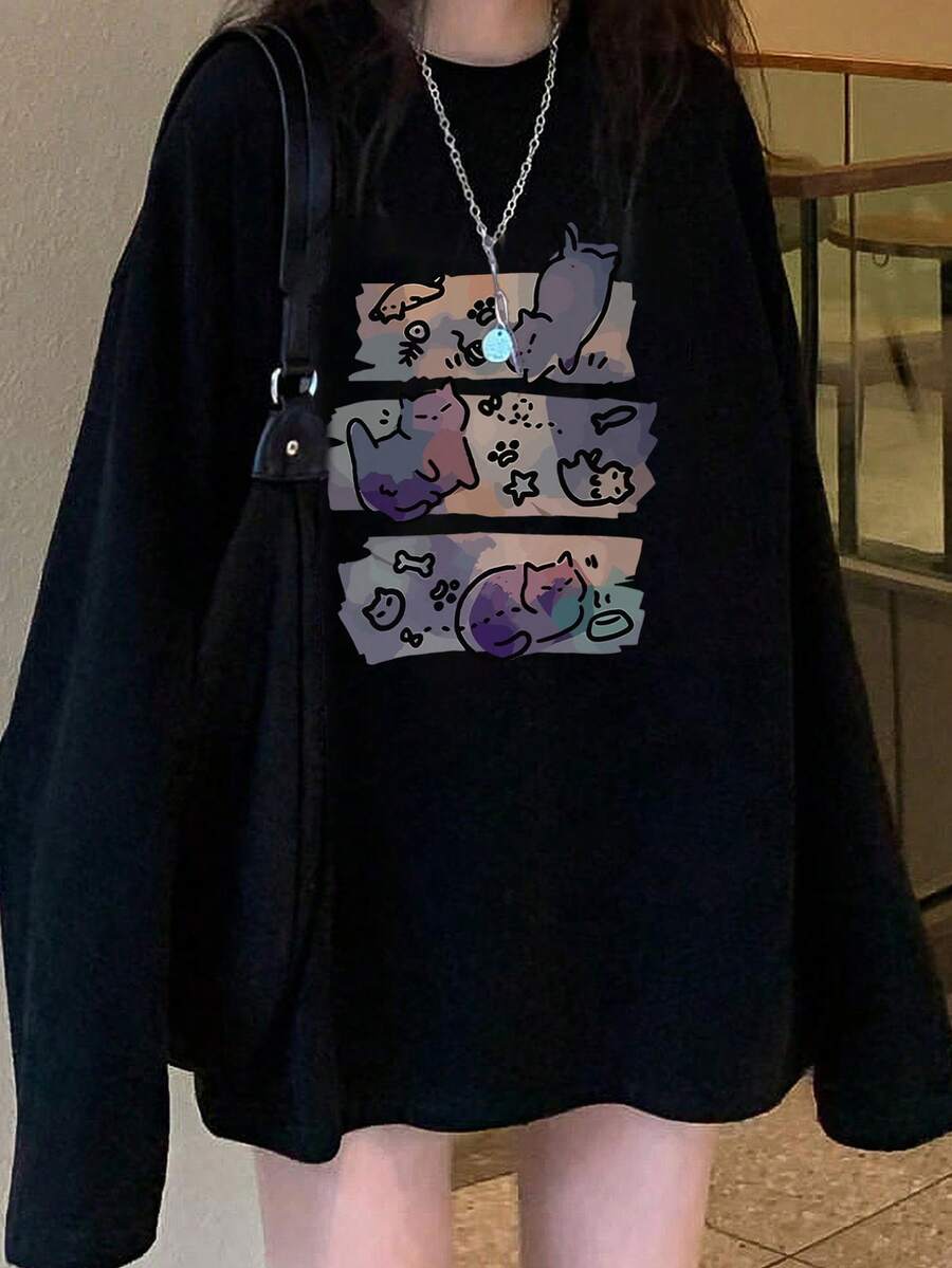 女士宽松卡通印花长袖棉质T恤，百搭春秋装 - 黑色 - 查看 1