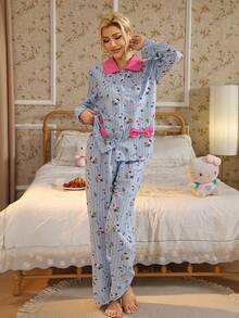 Sanrio 2pcs  Striped Long Sleeve Top And Pants Pajama Set, Cute, Elegant, Romantic, Charming, Casual, Suitable For Spring And Autumn, Fall Clothes - Blue and White - View 5