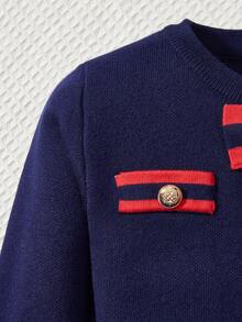 Girls' Sweater Dress, Fashionable Elegant British Style Contrast Color Bow Fake Pocket Round Neck Long Sleeve Princess Dress, Suitable For 3-11 Years Old Girls, A-Line Pleated Skirt, Warm Knitted Dress For Autumn/Winter - Navy Blue - View 5