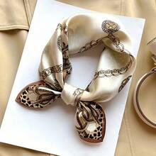 27.5" Chain Leopard Print Square Scarf For Women – Brown Satin Faux Headscarf, Elegant Decorative Scarf, Perfect For Styling And Everyday Wear - Beige Leopard Print - 查看 8