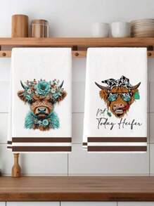 2Pcs Kitchen Towel Watercolor Floral Highland Cow Country Style Farmhouse Dish Towel Kitchen Dishwashing Hand Tea Towel Kitchen Dry Dish Towel Suitable For Kitchen Restaurant Dining Table
