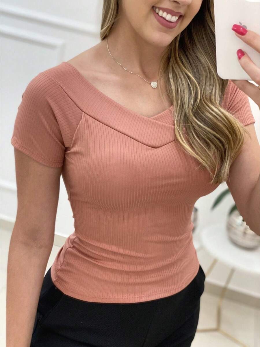 Women's Ribbed Off-The-Shoulder Short Sleeve Blouse, Super Fashionable!! - HOA HỒNG - Xem 1