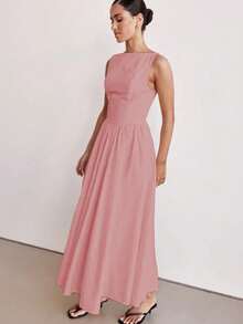 MODA MO, REF: H978 Women's Dress, Long Dress, Sleeveless, Round Neckline, High Waist, Backless, Zipper Dress, Slim Model, A-Line Dress, Elegant, Modern, Light, Comfortable, Versatile, Refined Look, Casual Chic Dress, Event Dress, Sophisticated Look, Summer Dress, Quality Finish, Feminine Style. - 淺粉色 - 查看 6