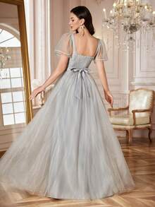 1 Stück graues gepunktetes elegantes gerafftes Mesh-Splice Abendkleid, hochwertiges Abendkleid für Hochzeit, Party, festliche Anlässe, geeignet für Frühling, Sommer, Herbst, Winter