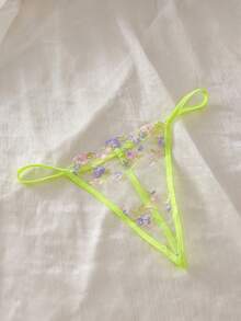 Gaun Tidur Wanita Model Camisole Seksi Transparan dengan Detail Jala dan Renda Kontras Warna Polos - Hijau - View 5