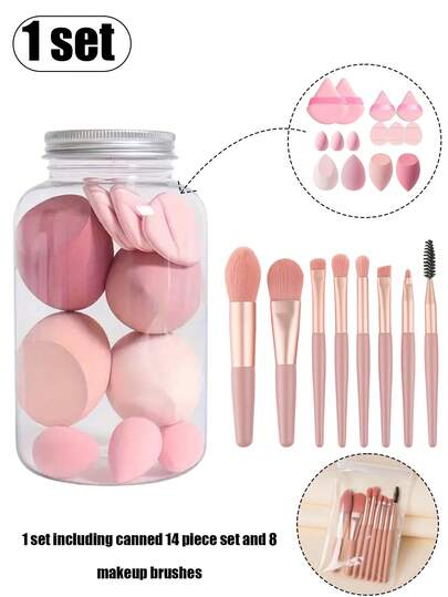 14-teiliges Dosen Make-up Ei-Set mit 8 Mini Make-up Pinseln (inklusive Tasche) - Ultra weiche Schwamm Puff & Anfänger Make-up Werkzeug-Set für Flüssig-, Creme- und Puder-Blending | Schulanfang Essentials für Teenager, Studenten & Make-up Neulinge | Latex-freie nasse & trockene Beauty-Schwämme (rosa tragbar) - Mehrfarbige Make-up-Schwämme, super weiches Samt-Material, hellbeige Freundlich