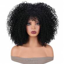 16 Inch Curly Wig Afro Curly Wigs For Women Afro Kinky Curly Wig With Bangs Full And Fluffy Glueless Wigs Synthetic Hair Replacement Wigs For Cosplay And Daily - 黑色 - 查看 2